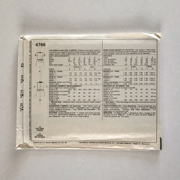 🧵3for12🧵 VTG McCall’s Pattern 4766 Child’s Dress - Picture 3 of 3